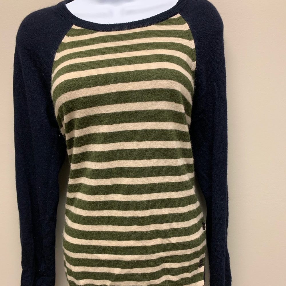 J. Crew Side Button Sweater M Navy Stripes Wool - Picture 2 of 8